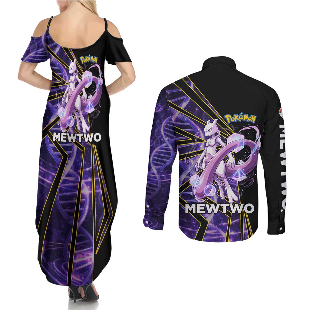 Mewtwo Poké Couples Matching Summer Maxi Dress and Long Sleeve Button Shirt Psychic DNA Comic Style
