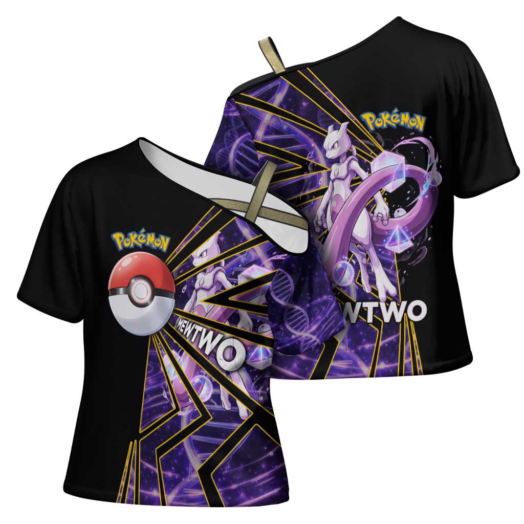 Mewtwo Poké Cross Shoulder Shirt Psychic DNA Comic Style