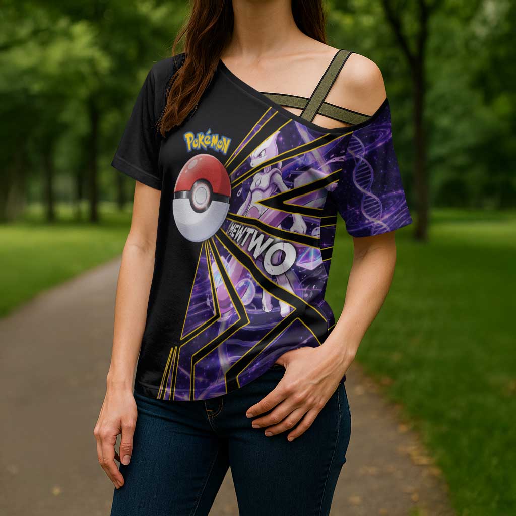 Mewtwo Poké Cross Shoulder Shirt Psychic DNA Comic Style