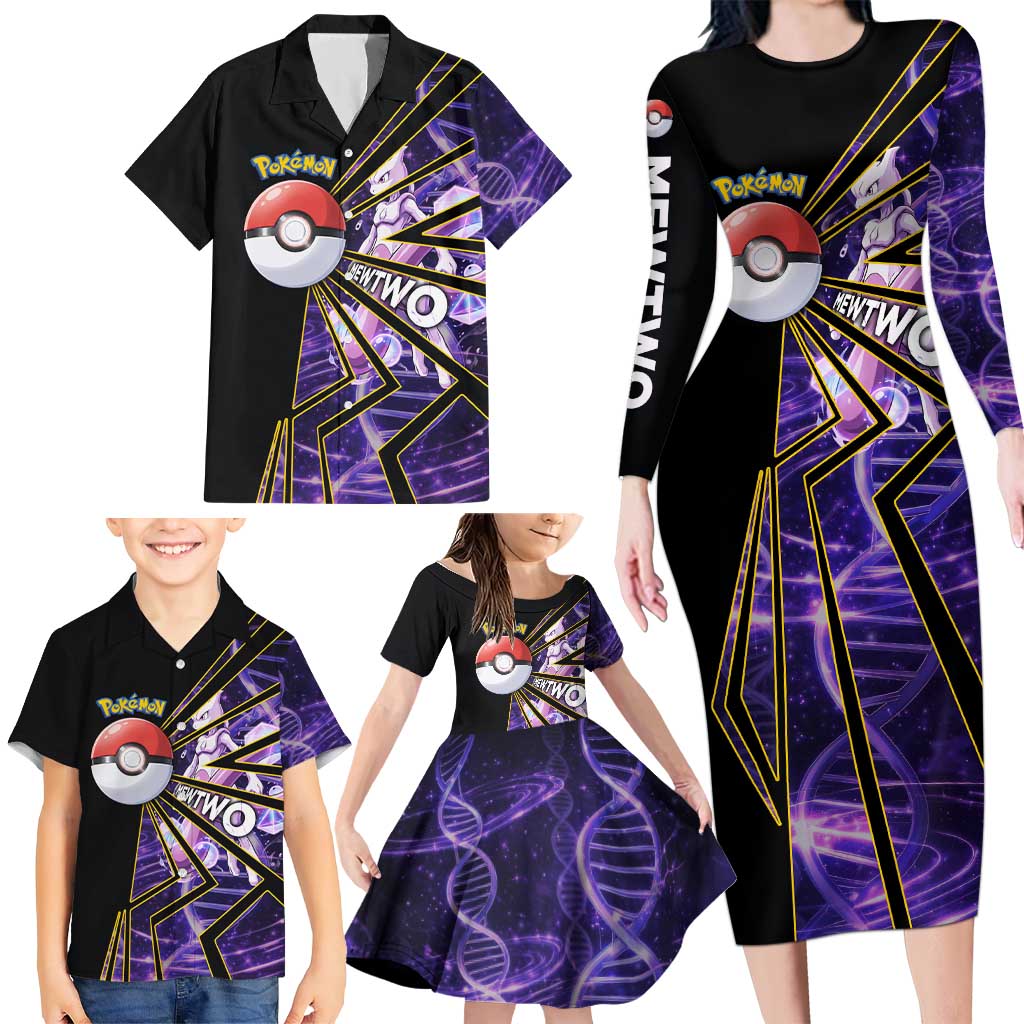 Mewtwo Poké Family Matching Long Sleeve Bodycon Dress and Hawaiian Shirt Psychic DNA Comic Style
