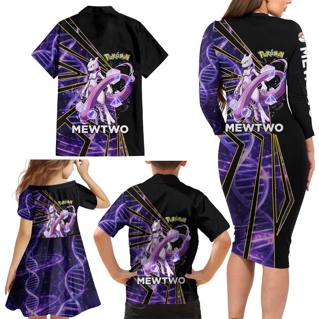 Mewtwo Poké Family Matching Long Sleeve Bodycon Dress and Hawaiian Shirt Psychic DNA Comic Style