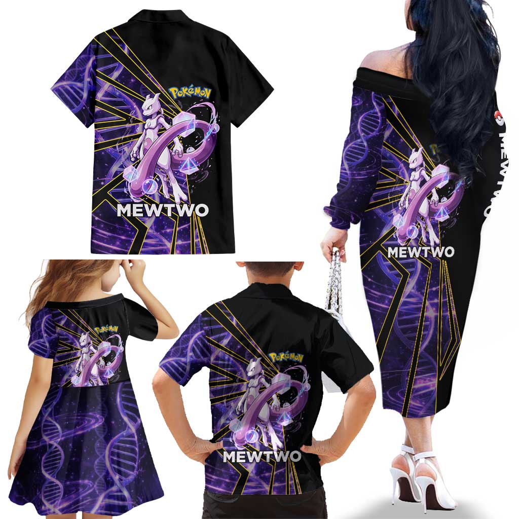 Mewtwo Poké Family Matching Off The Shoulder Long Sleeve Dress and Hawaiian Shirt Psychic DNA Comic Style