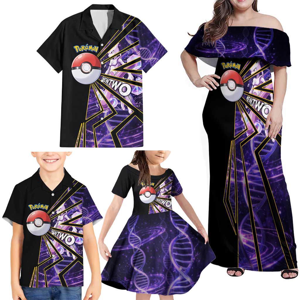 Mewtwo Poké Family Matching Off Shoulder Maxi Dress and Hawaiian Shirt Psychic DNA Comic Style