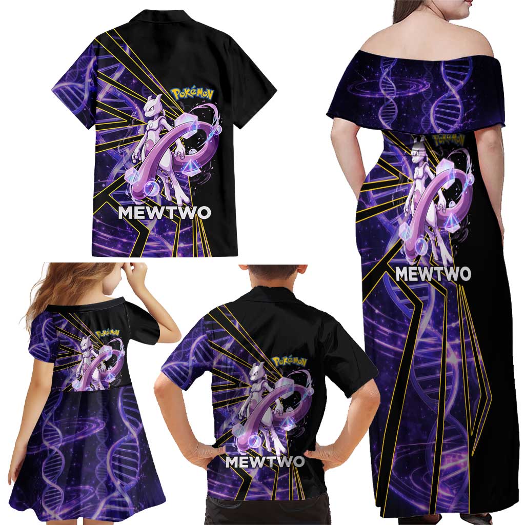 Mewtwo Poké Family Matching Off Shoulder Maxi Dress and Hawaiian Shirt Psychic DNA Comic Style