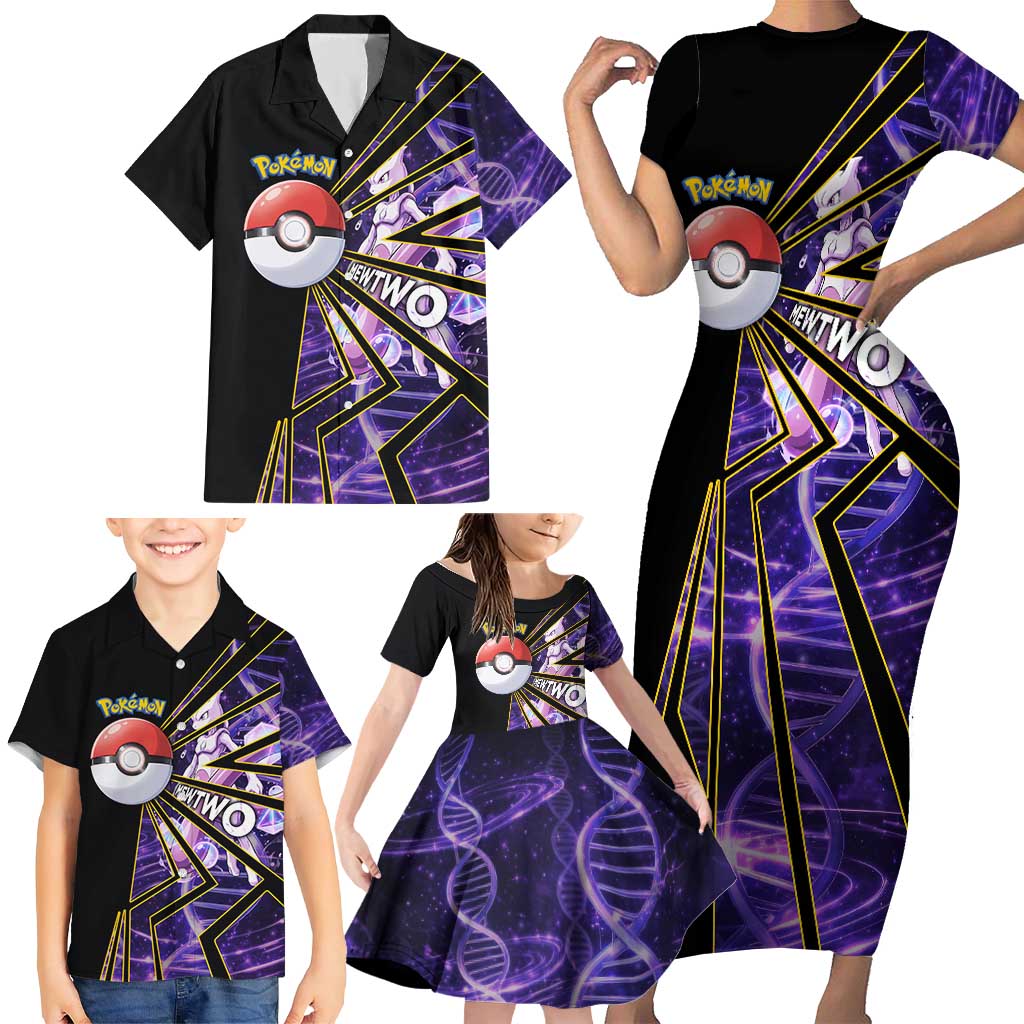 Mewtwo Poké Family Matching Short Sleeve Bodycon Dress and Hawaiian Shirt Psychic DNA Comic Style