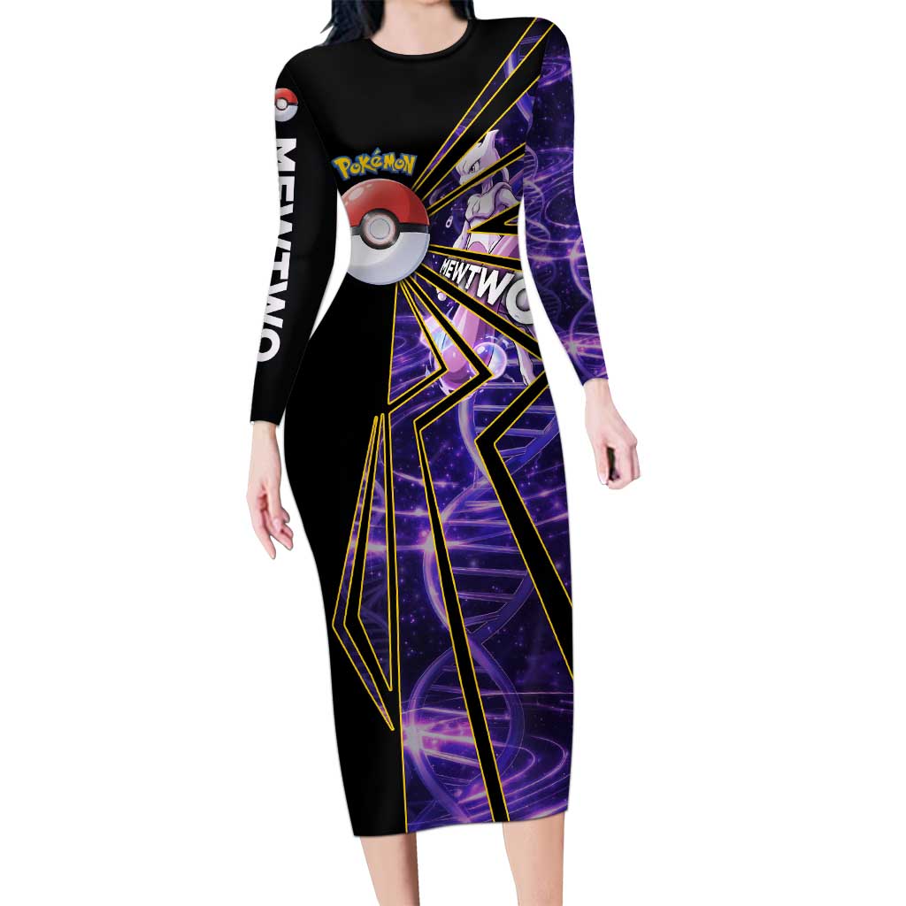 Mewtwo Poké Long Sleeve Bodycon Dress Psychic DNA Comic Style