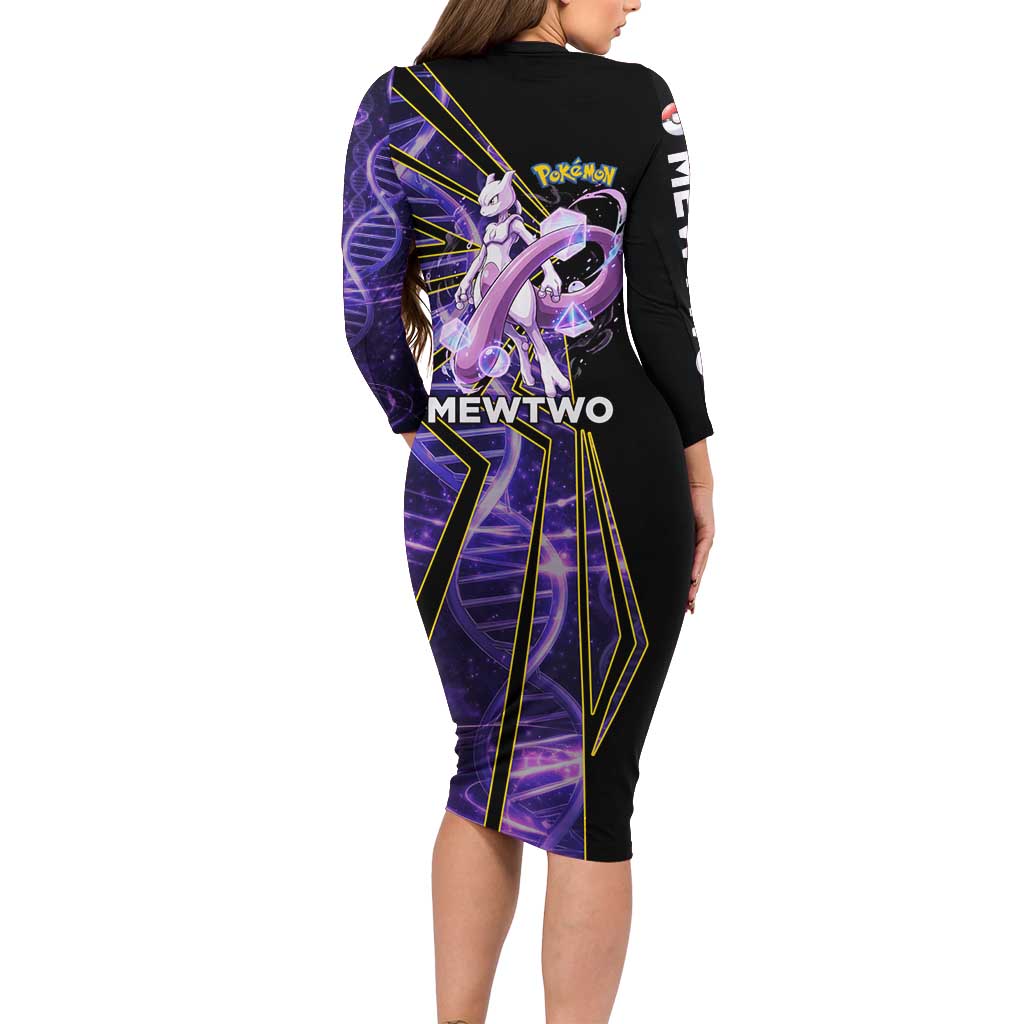Mewtwo Poké Long Sleeve Bodycon Dress Psychic DNA Comic Style