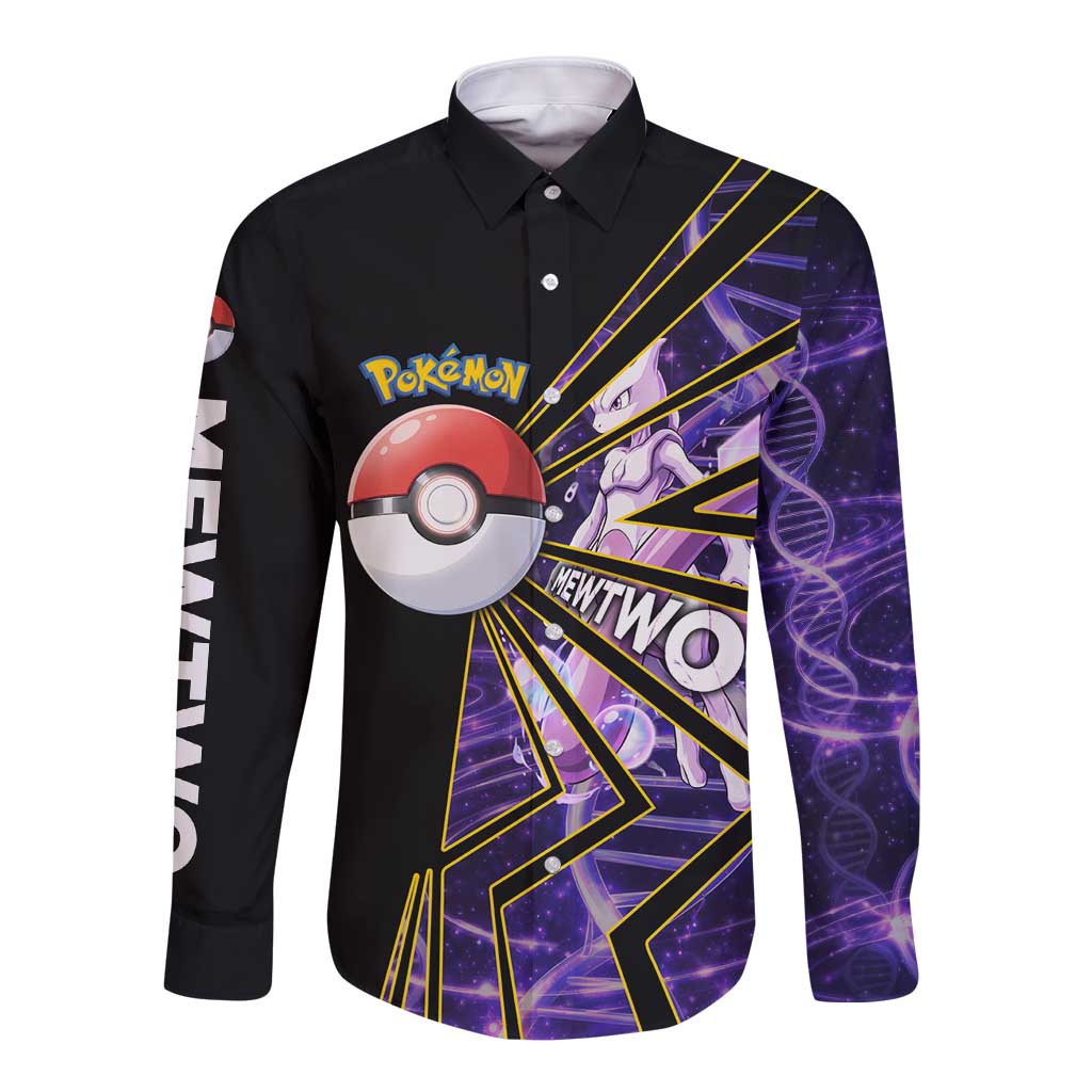 Mewtwo Poké Long Sleeve Button Shirt Psychic DNA Comic Style