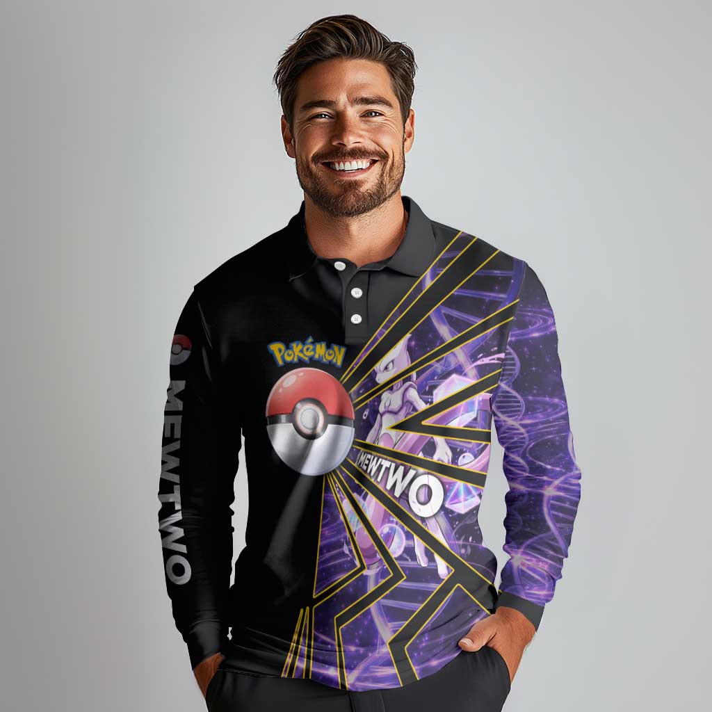 Mewtwo Poké Long Sleeve Polo Shirt Psychic DNA Comic Style