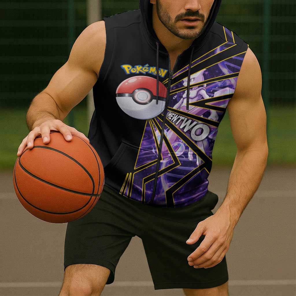 Mewtwo Poké Sleeveless Zip Hoodie Psychic DNA Comic Style