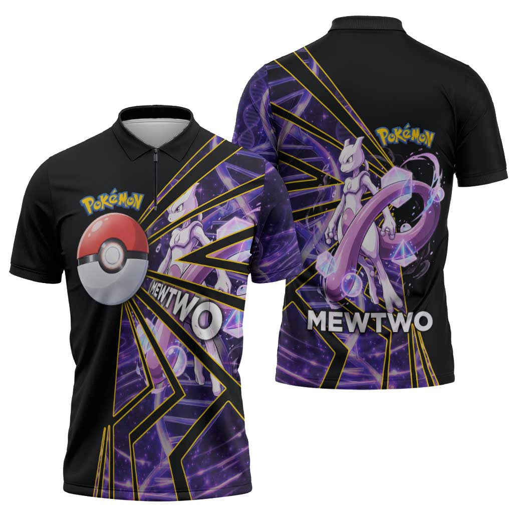Mewtwo Poké Zipper Polo Shirt Psychic DNA Comic Style