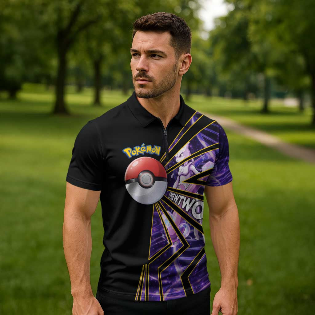 Mewtwo Poké Zipper Polo Shirt Psychic DNA Comic Style
