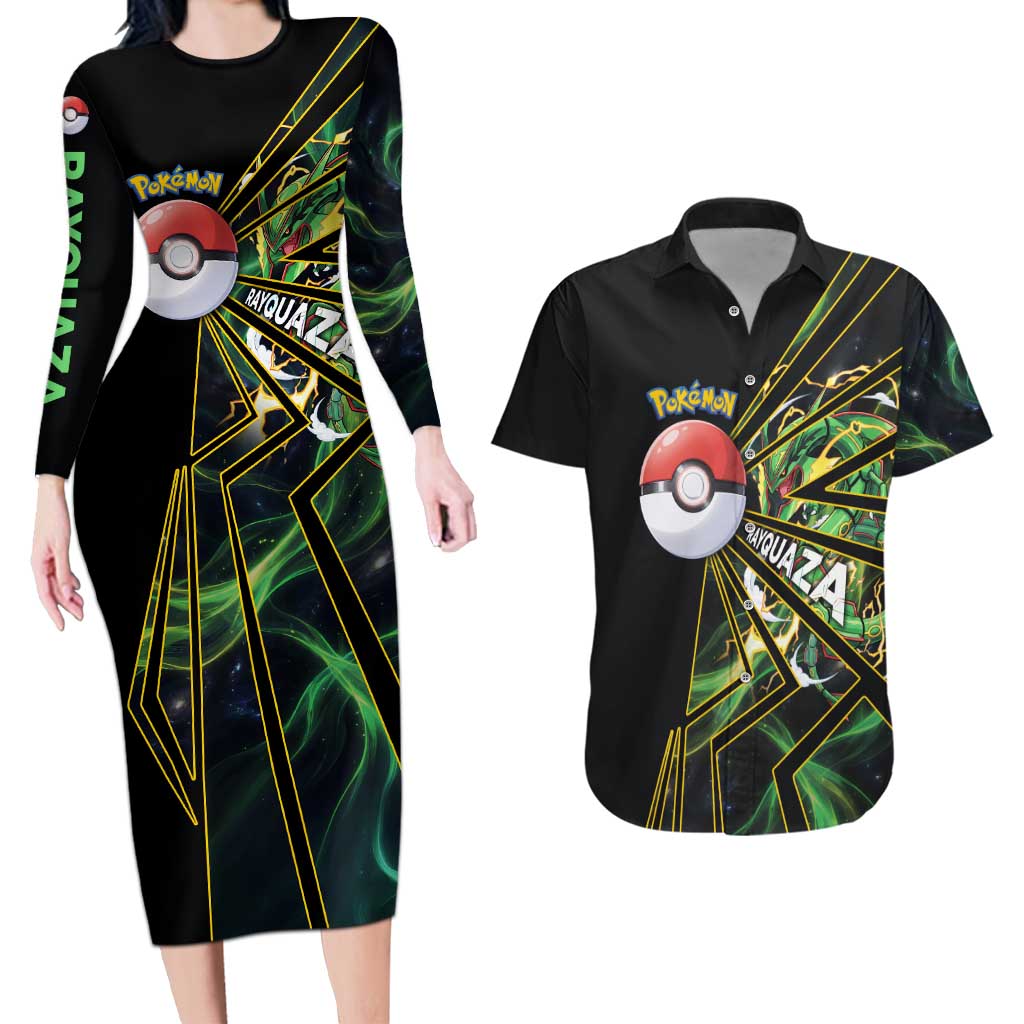 Rayquaza Poké Couples Matching Long Sleeve Bodycon Dress and Hawaiian Shirt Cosmic Dragon Comic Style