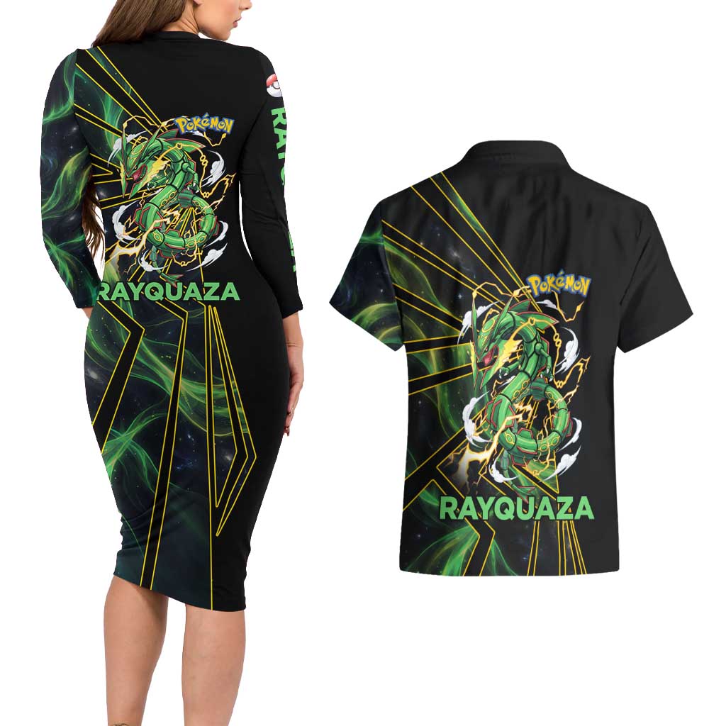 Rayquaza Poké Couples Matching Long Sleeve Bodycon Dress and Hawaiian Shirt Cosmic Dragon Comic Style