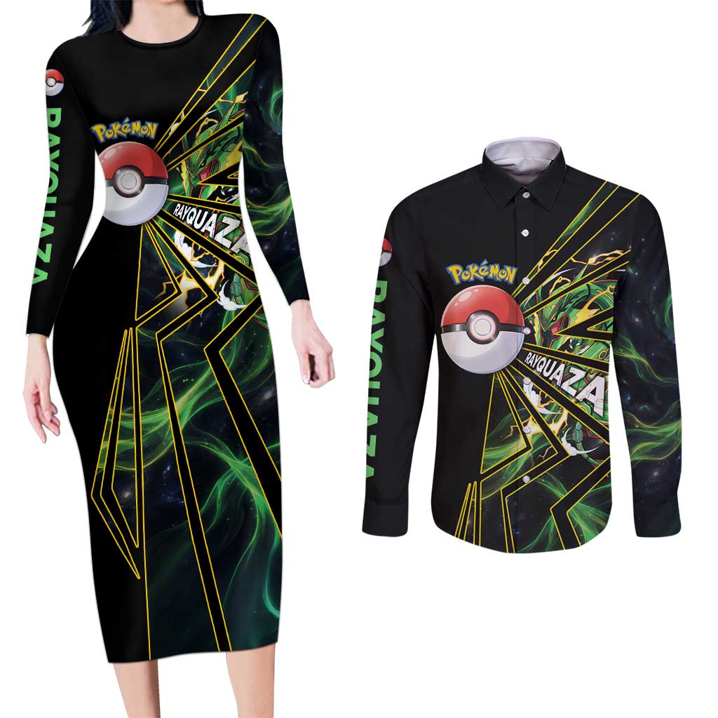 Rayquaza Poké Couples Matching Long Sleeve Bodycon Dress and Long Sleeve Button Shirt Cosmic Dragon Comic Style