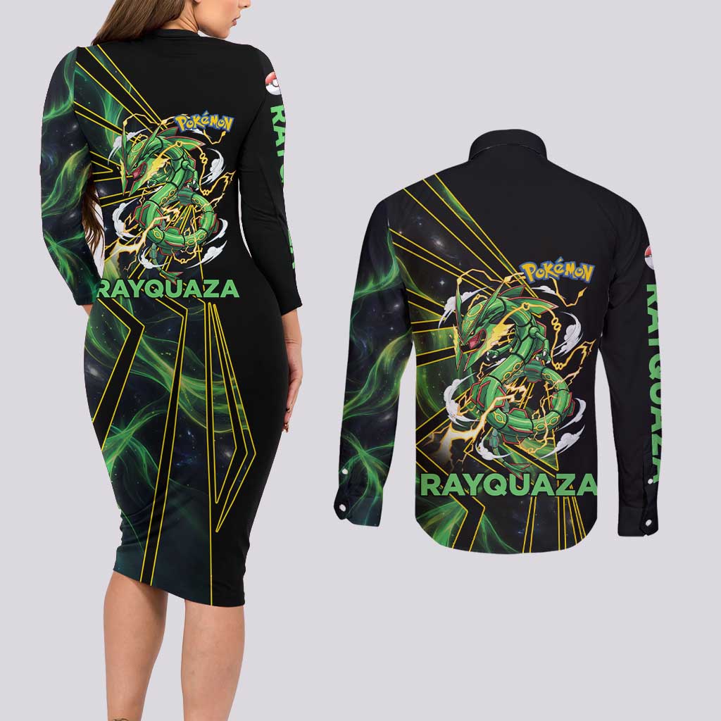 Rayquaza Poké Couples Matching Long Sleeve Bodycon Dress and Long Sleeve Button Shirt Cosmic Dragon Comic Style