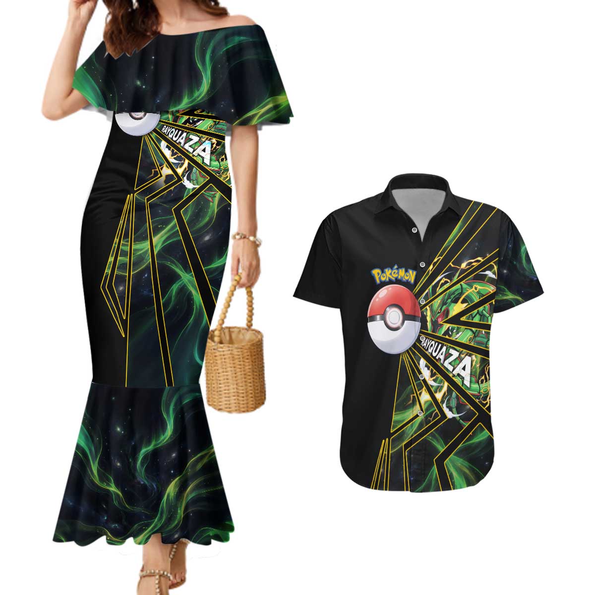 Rayquaza Poké Couples Matching Mermaid Dress and Hawaiian Shirt Cosmic Dragon Comic Style
