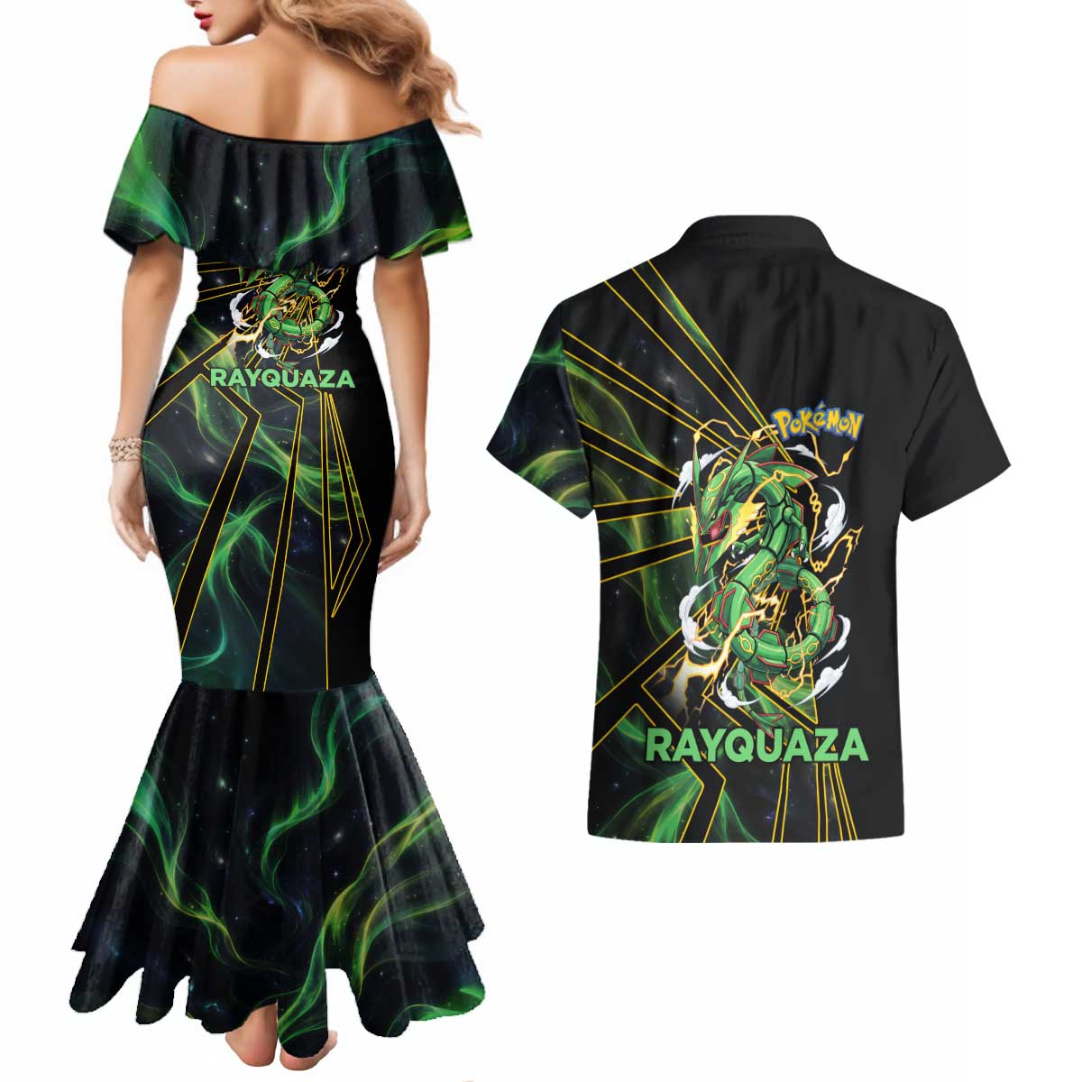Rayquaza Poké Couples Matching Mermaid Dress and Hawaiian Shirt Cosmic Dragon Comic Style