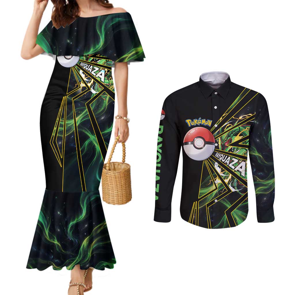 Rayquaza Poké Couples Matching Mermaid Dress and Long Sleeve Button Shirt Cosmic Dragon Comic Style