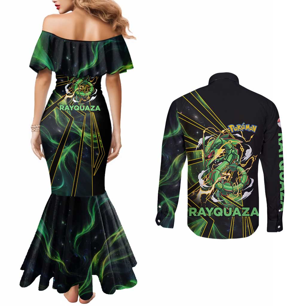 Rayquaza Poké Couples Matching Mermaid Dress and Long Sleeve Button Shirt Cosmic Dragon Comic Style