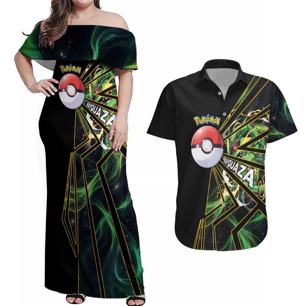 Rayquaza Poké Couples Matching Off Shoulder Maxi Dress and Hawaiian Shirt Cosmic Dragon Comic Style