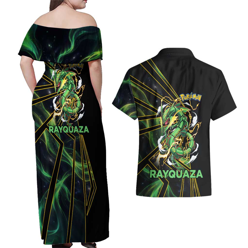 Rayquaza Poké Couples Matching Off Shoulder Maxi Dress and Hawaiian Shirt Cosmic Dragon Comic Style