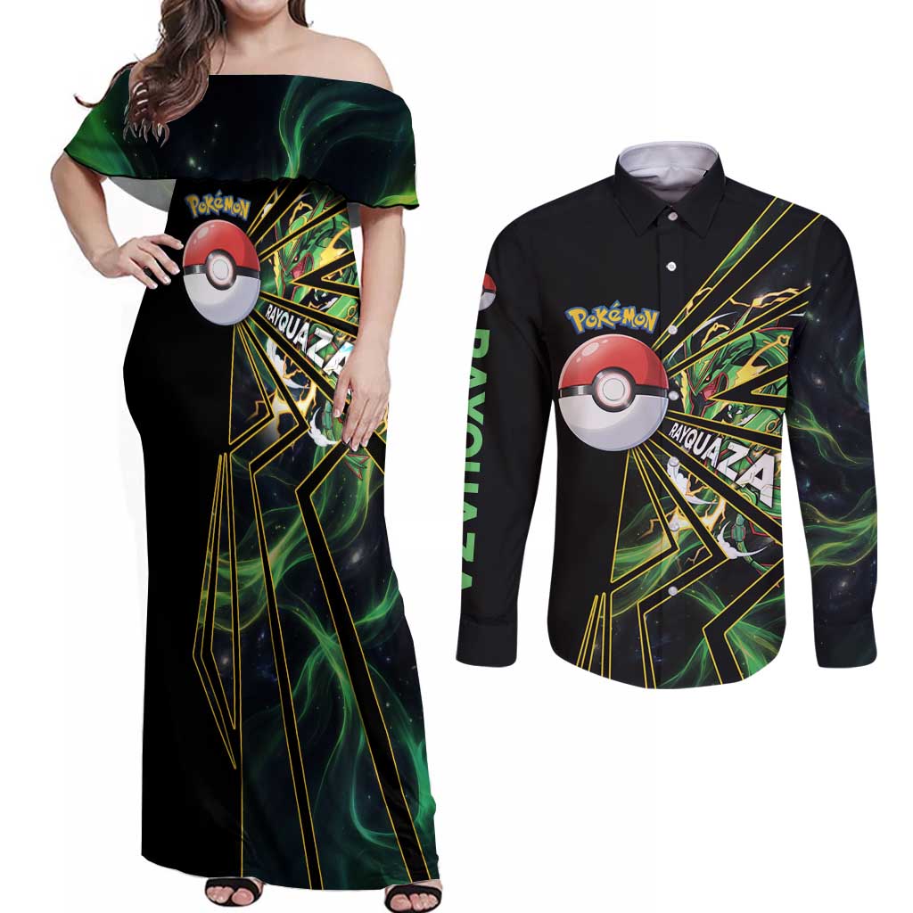 Rayquaza Poké Couples Matching Off Shoulder Maxi Dress and Long Sleeve Button Shirt Cosmic Dragon Comic Style