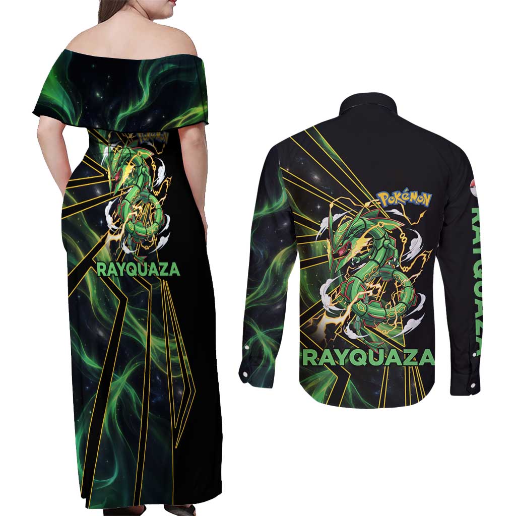 Rayquaza Poké Couples Matching Off Shoulder Maxi Dress and Long Sleeve Button Shirt Cosmic Dragon Comic Style