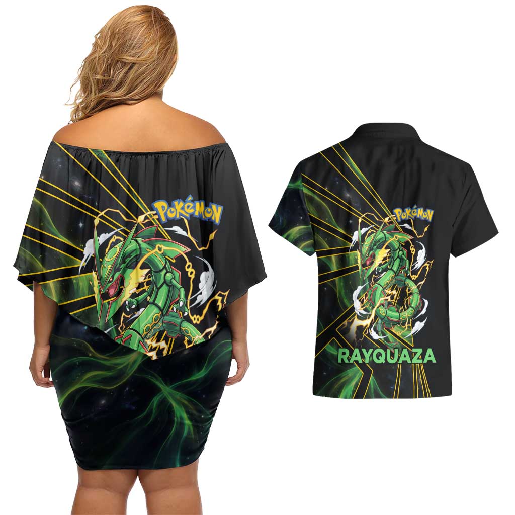 Rayquaza Poké Couples Matching Off Shoulder Short Dress and Hawaiian Shirt Cosmic Dragon Comic Style