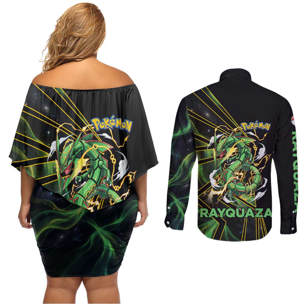 Rayquaza Poké Couples Matching Off Shoulder Short Dress and Long Sleeve Button Shirt Cosmic Dragon Comic Style