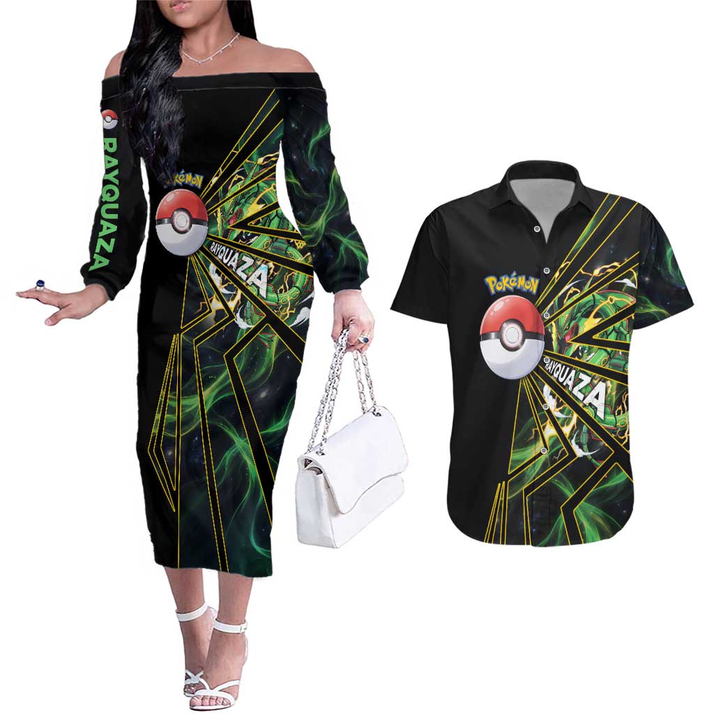 Rayquaza Poké Couples Matching Off The Shoulder Long Sleeve Dress and Hawaiian Shirt Cosmic Dragon Comic Style
