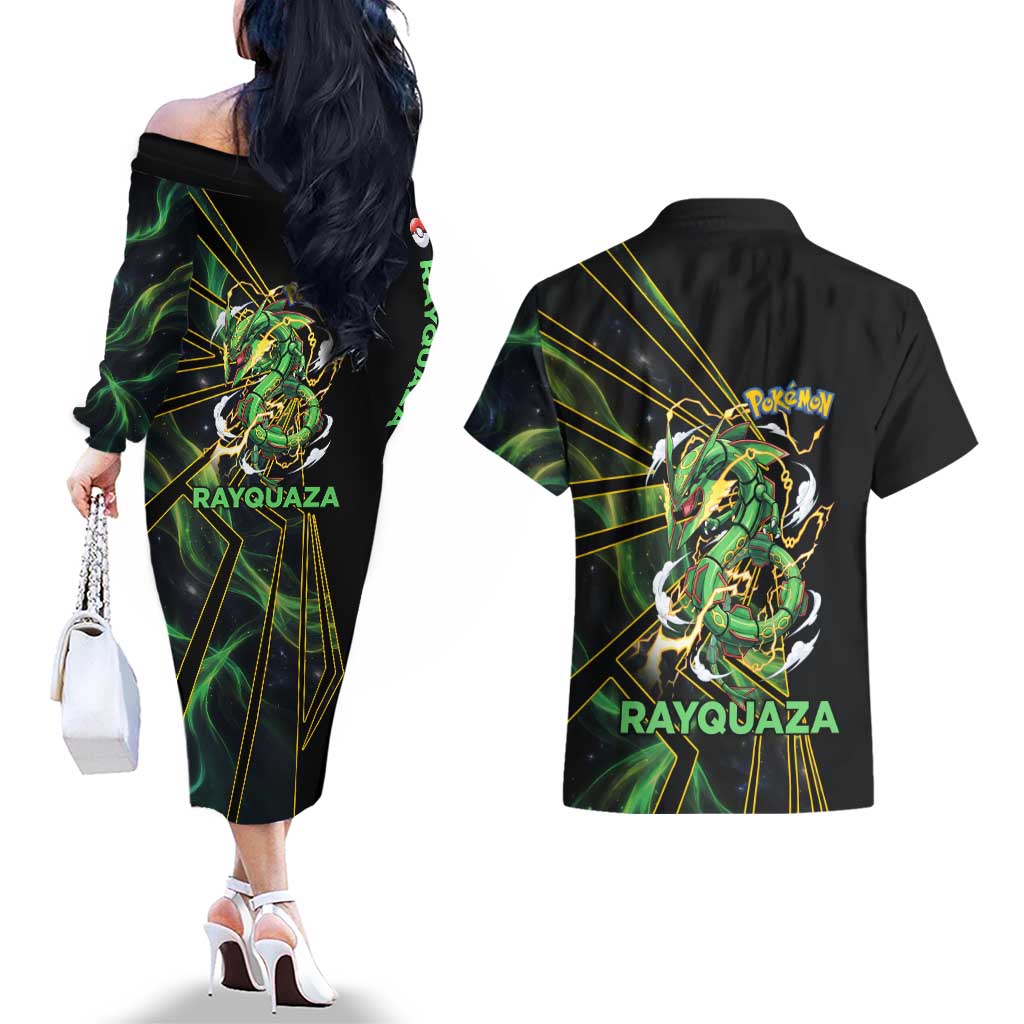 Rayquaza Poké Couples Matching Off The Shoulder Long Sleeve Dress and Hawaiian Shirt Cosmic Dragon Comic Style