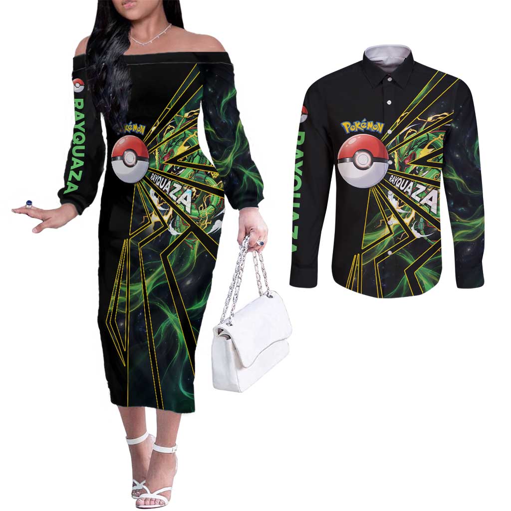 Rayquaza Poké Couples Matching Off The Shoulder Long Sleeve Dress and Long Sleeve Button Shirt Cosmic Dragon Comic Style