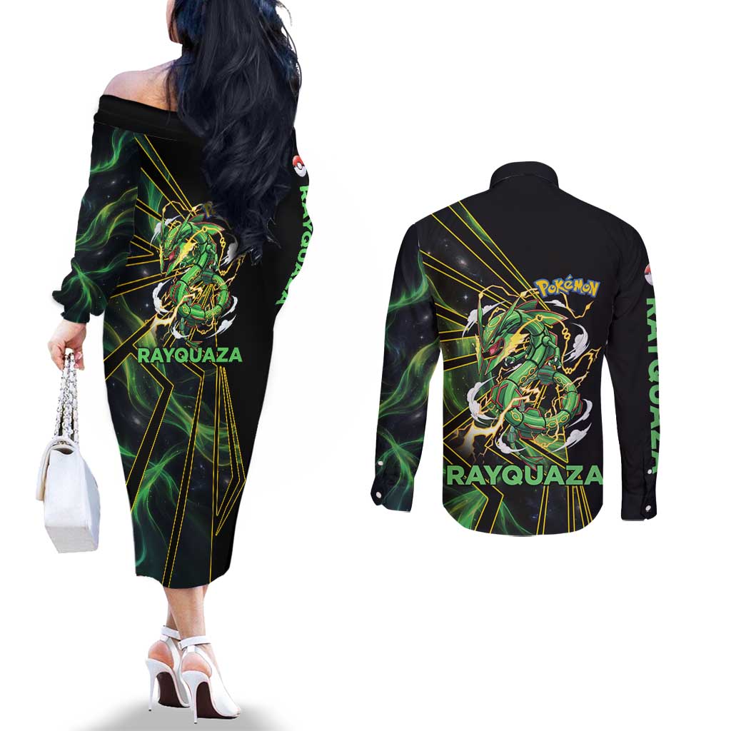 Rayquaza Poké Couples Matching Off The Shoulder Long Sleeve Dress and Long Sleeve Button Shirt Cosmic Dragon Comic Style