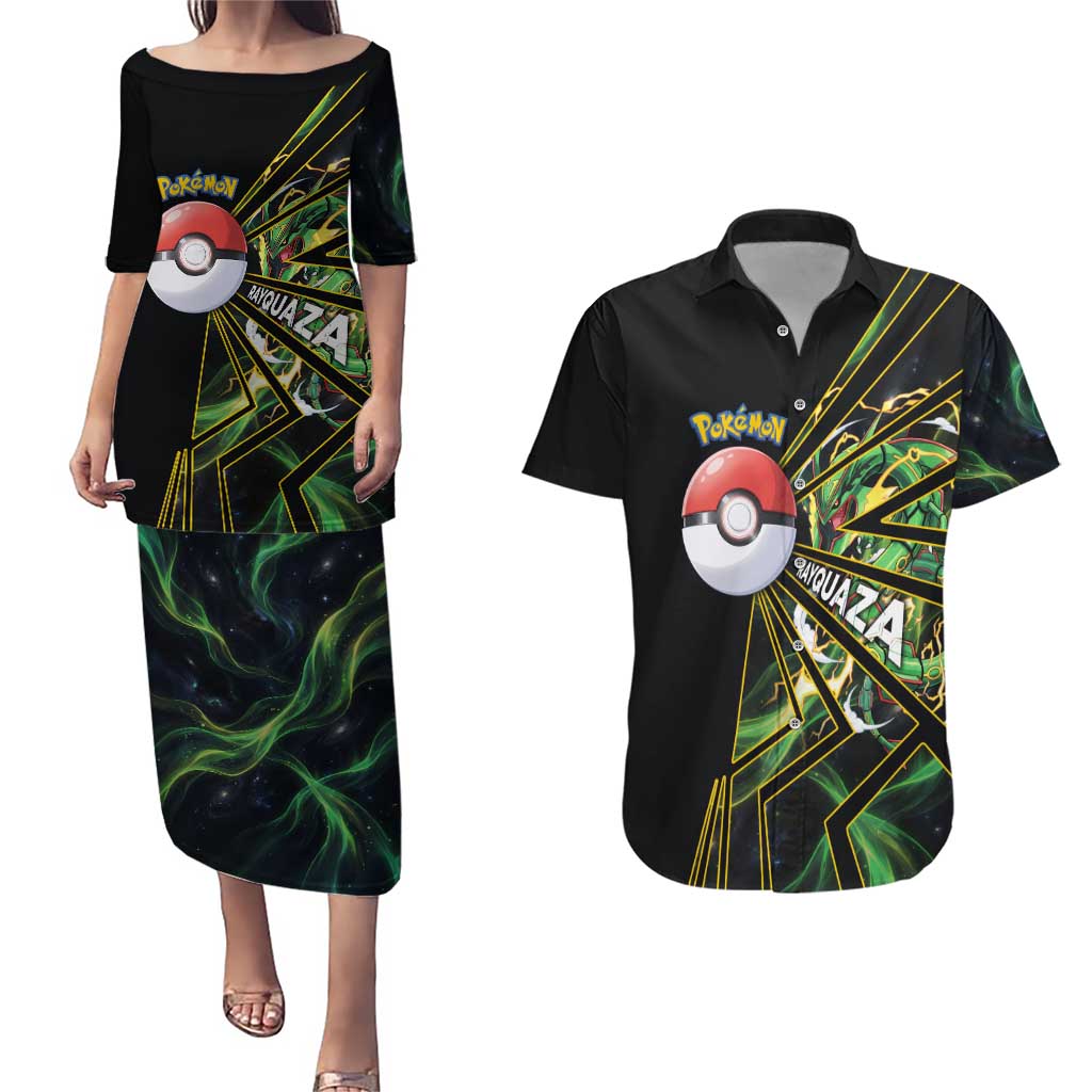 Rayquaza Poké Couples Matching Puletasi and Hawaiian Shirt Cosmic Dragon Comic Style