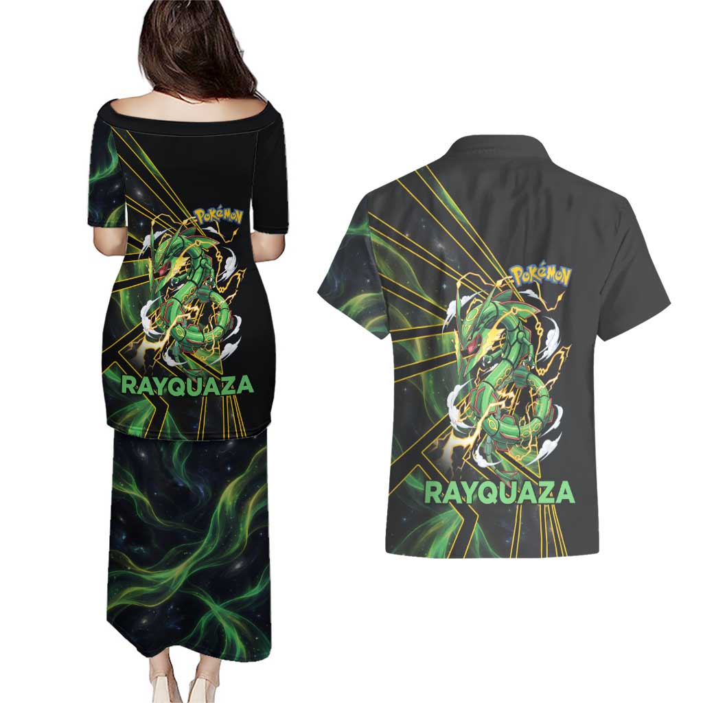 Rayquaza Poké Couples Matching Puletasi and Hawaiian Shirt Cosmic Dragon Comic Style