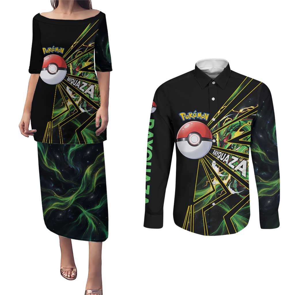 Rayquaza Poké Couples Matching Puletasi and Long Sleeve Button Shirt Cosmic Dragon Comic Style