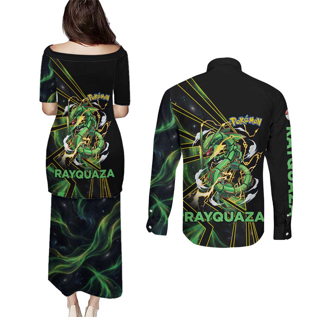 Rayquaza Poké Couples Matching Puletasi and Long Sleeve Button Shirt Cosmic Dragon Comic Style