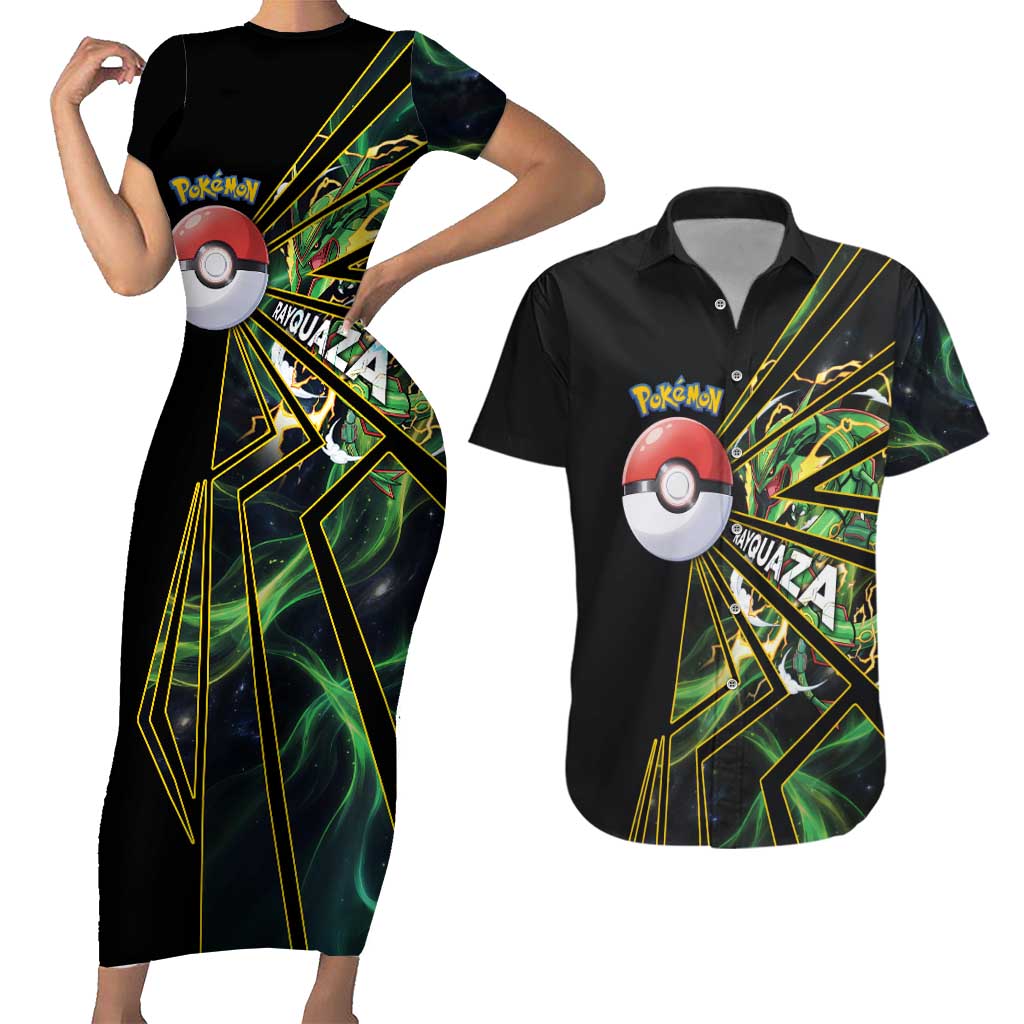Rayquaza Poké Couples Matching Short Sleeve Bodycon Dress and Hawaiian Shirt Cosmic Dragon Comic Style