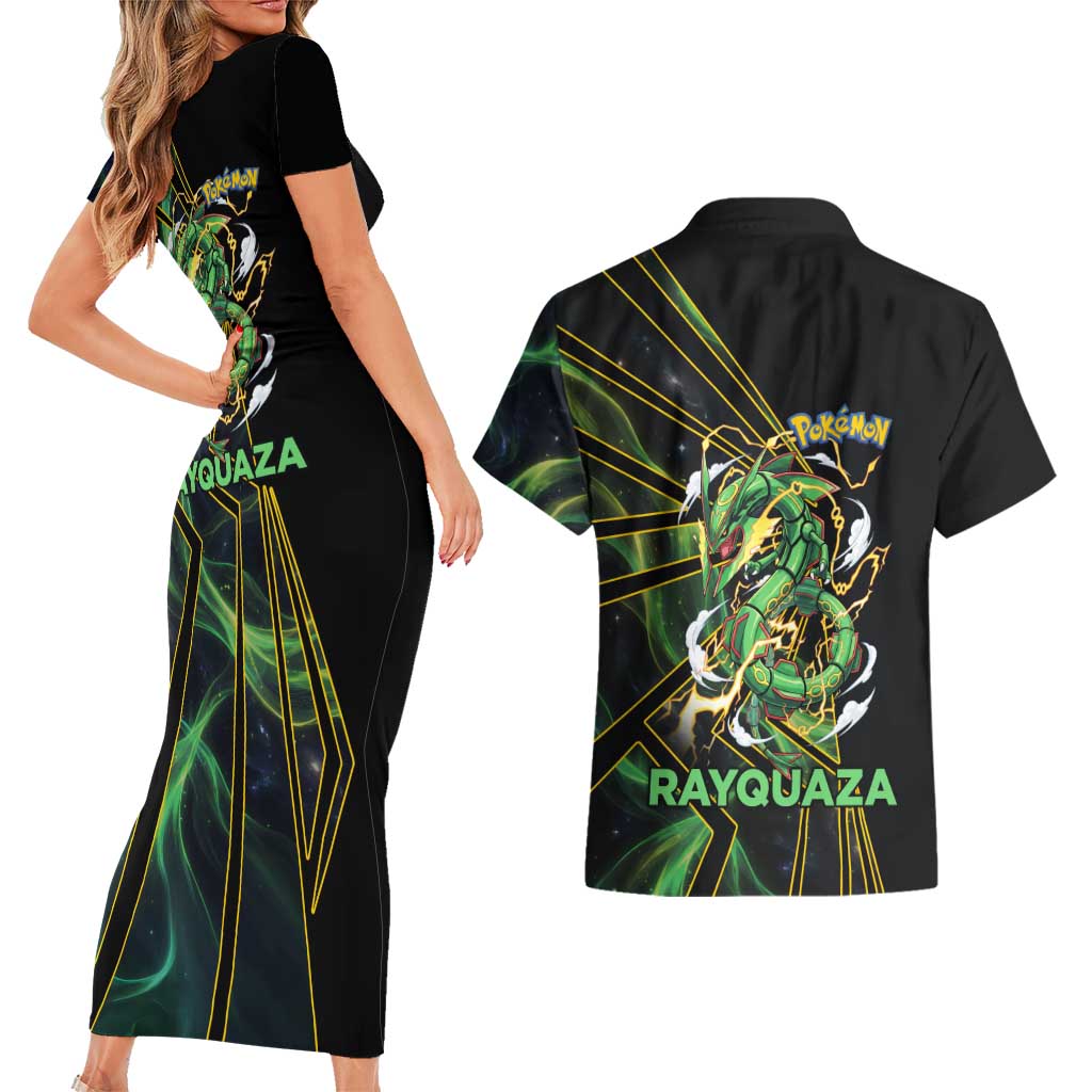 Rayquaza Poké Couples Matching Short Sleeve Bodycon Dress and Hawaiian Shirt Cosmic Dragon Comic Style