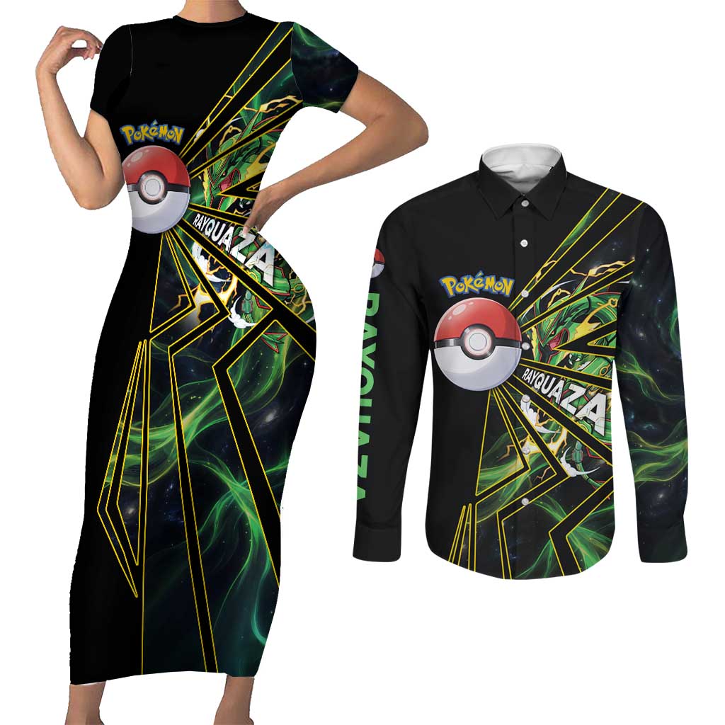 Rayquaza Poké Couples Matching Short Sleeve Bodycon Dress and Long Sleeve Button Shirt Cosmic Dragon Comic Style