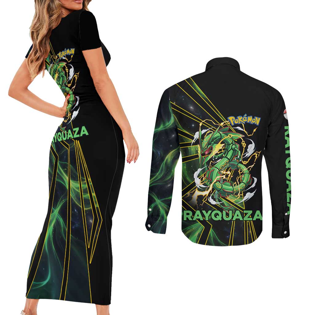 Rayquaza Poké Couples Matching Short Sleeve Bodycon Dress and Long Sleeve Button Shirt Cosmic Dragon Comic Style