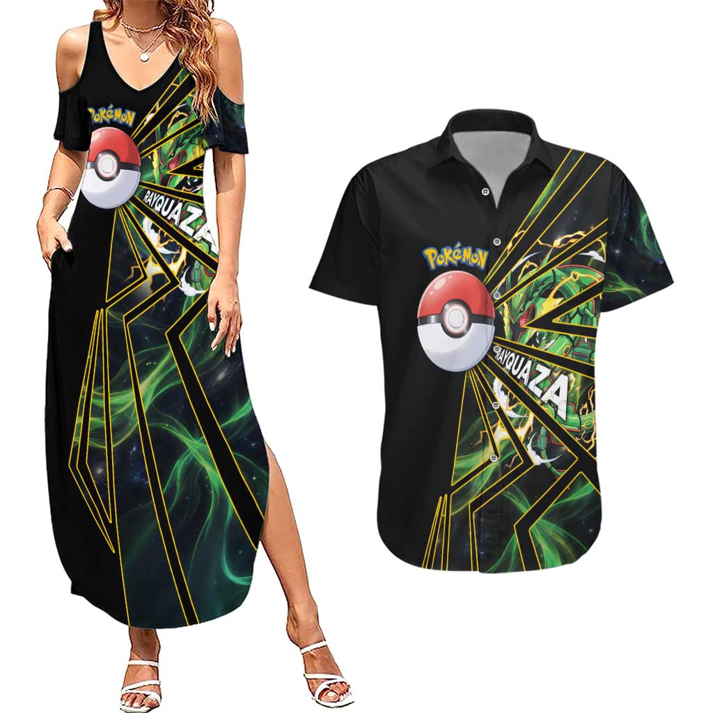 Rayquaza Poké Couples Matching Summer Maxi Dress and Hawaiian Shirt Cosmic Dragon Comic Style