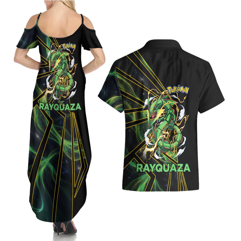 Rayquaza Poké Couples Matching Summer Maxi Dress and Hawaiian Shirt Cosmic Dragon Comic Style