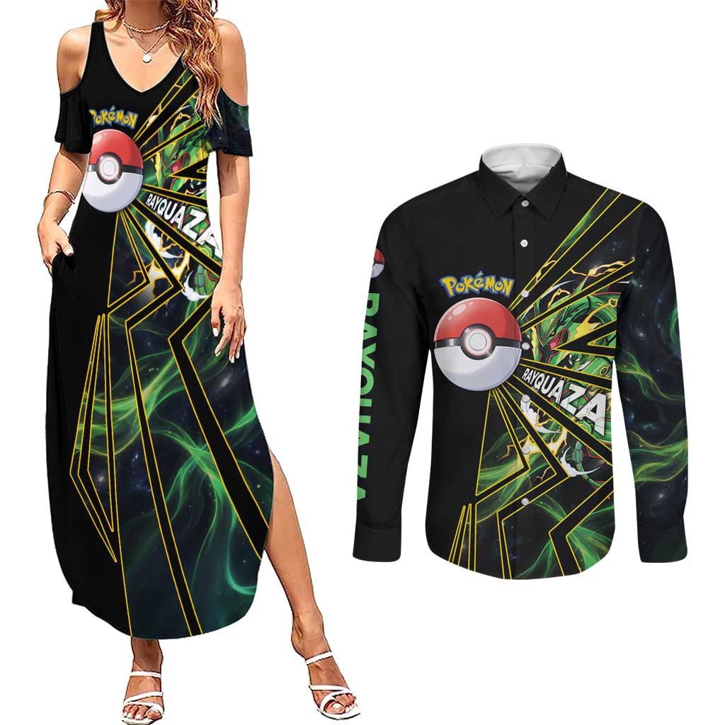 Rayquaza Poké Couples Matching Summer Maxi Dress and Long Sleeve Button Shirt Cosmic Dragon Comic Style