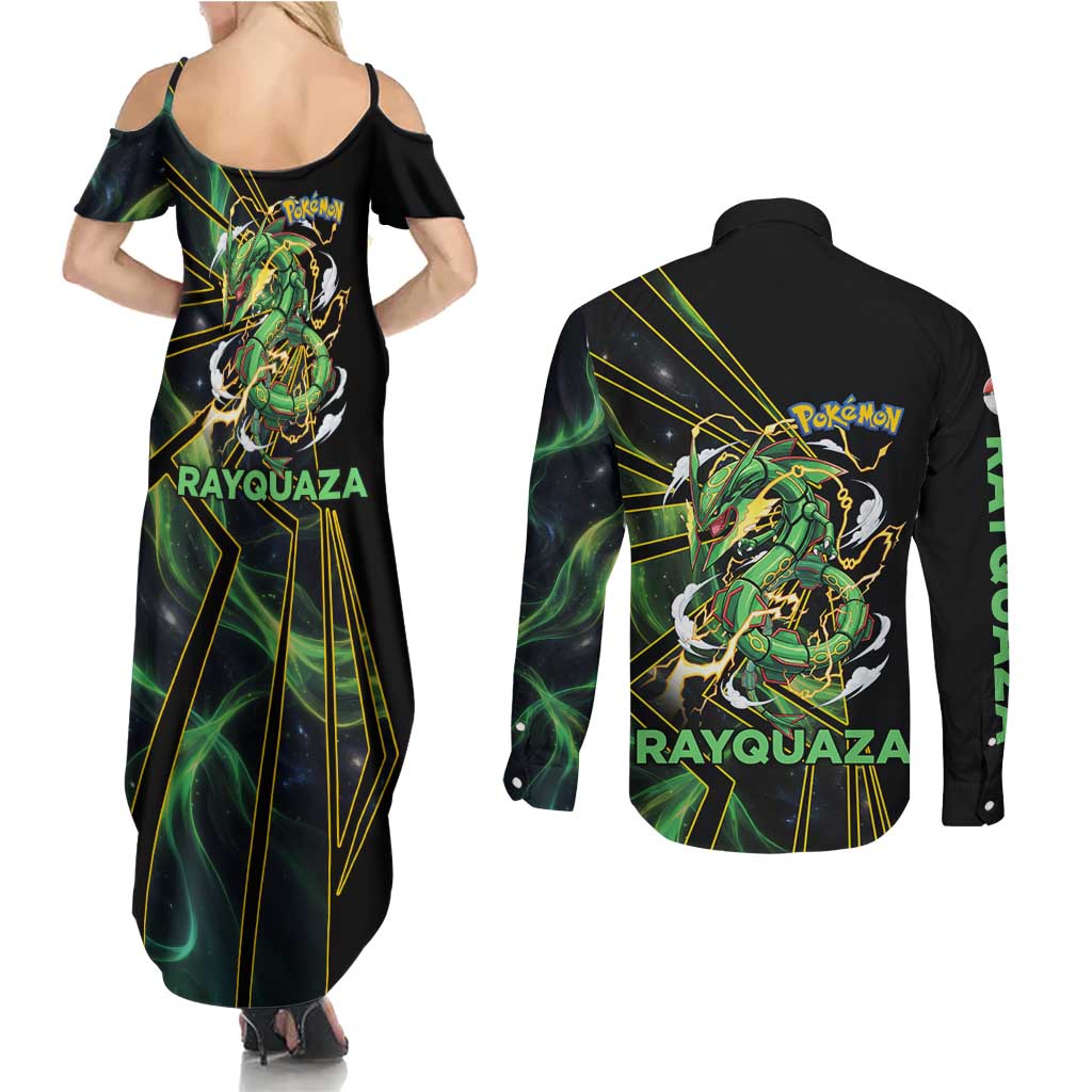 Rayquaza Poké Couples Matching Summer Maxi Dress and Long Sleeve Button Shirt Cosmic Dragon Comic Style
