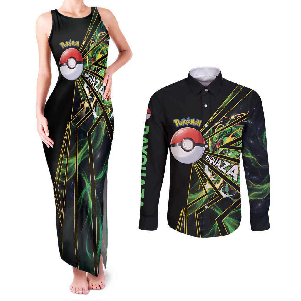 Rayquaza Poké Couples Matching Tank Maxi Dress and Long Sleeve Button Shirt Cosmic Dragon Comic Style