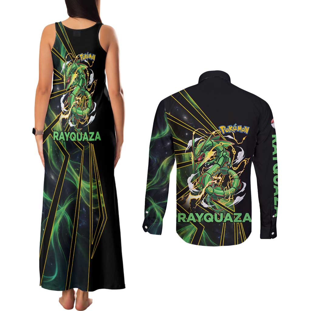 Rayquaza Poké Couples Matching Tank Maxi Dress and Long Sleeve Button Shirt Cosmic Dragon Comic Style