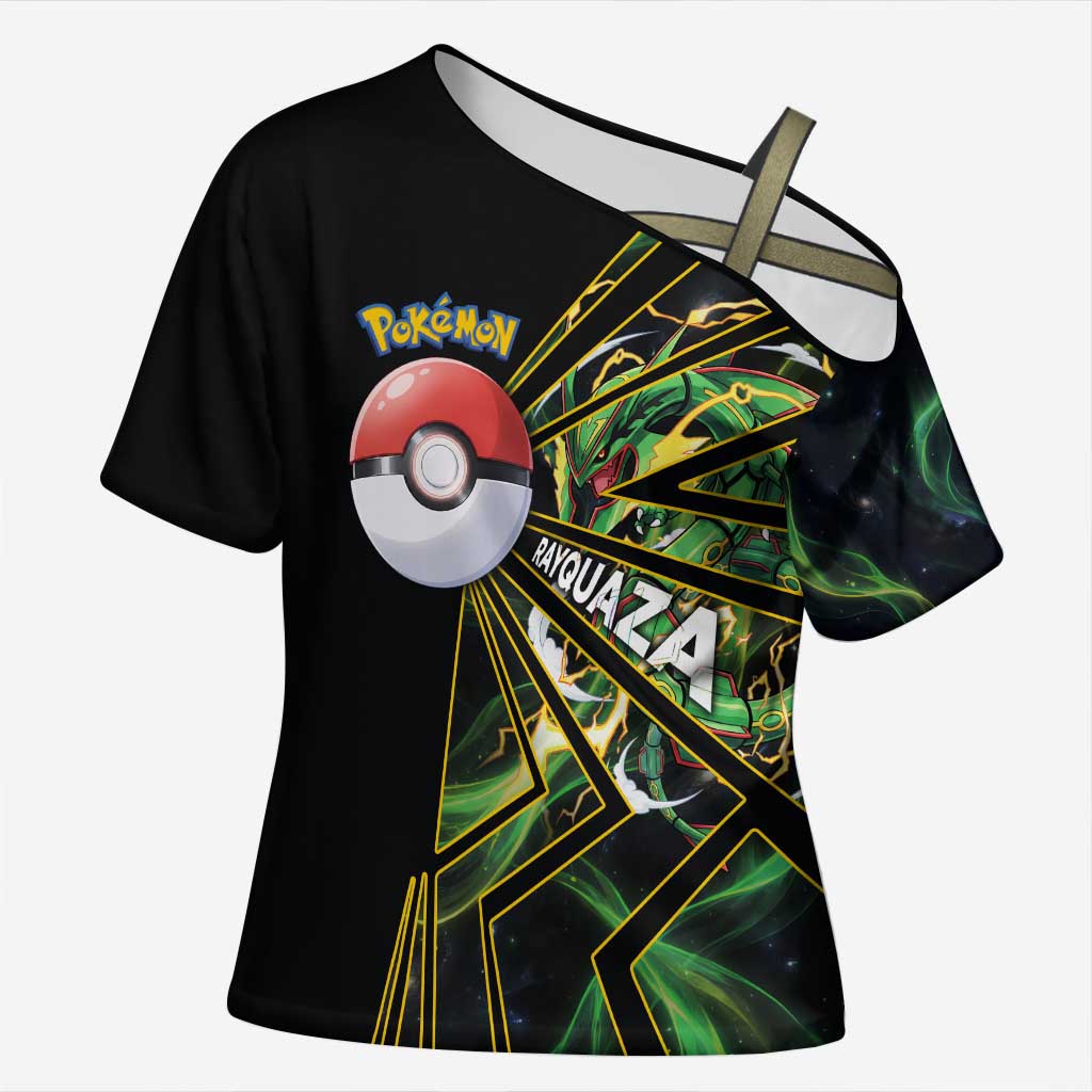 Rayquaza Poké Cross Shoulder Shirt Cosmic Dragon Comic Style
