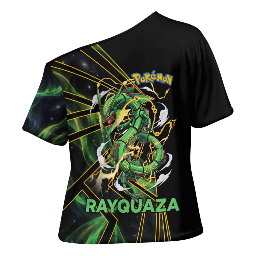 Rayquaza Poké Cross Shoulder Shirt Cosmic Dragon Comic Style